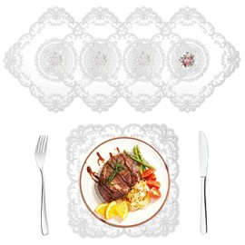 4 Pcs Square Retro Lace Placemats, 11.7 x 11.7 Inch French Doilies for Tables Vintage Country Decor Crochet Embroidered Table Mat Tablecloth for Vase, Room, Nightstand Decoration (White)