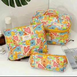 3Pcs Cotton Quited Makeup Bag Set, Quilted Makeup Bag, Large Floral Cosmetic Bag for Women, Cute Cotton Makeup Bags, Flower Travel Toiletry Organizer Bag makeupbag set - Color: 020