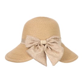 LY4U Women's Wide Brim Straw Sun Hat UPF 50+ with Adjustable Chin Strap, Foldable Beach Hat for Travel, Summer Outdoor Activities, Ponytail Hole & Bow Ribbon Design Khaki