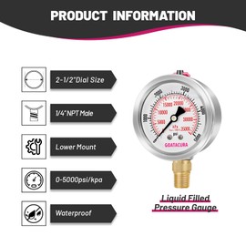 GOATACURA 0-5000psi/kpa Glycerin Filled Pressure Gauge, 2-1/2" Dial Size, Stainless Steel Case, with Vent Valve, 1/4" NPT Lower Mount, 2-1-2% Accuracy, for Measuring Gas Liquid Pressure