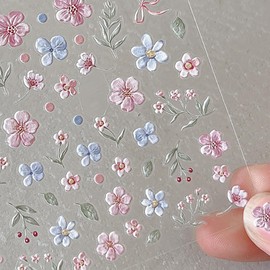 Embossed Flower Nail Sticker, 5D Flowers Self-Adhesive Nail Design Sticker Pink Blue Flowers Nail Decal for Women Girls DIY Manicure Tip Flower Bow Leaf Manicure Decoration Supplies 1 Sheet
