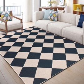Aukib Checkered Area Rug 5x7 Black Washable Living Rugs Non-Slip Modern Ultra Soft Neutral Low Pile Diamond Carpet for Office Dining Room Playroom Kids Room