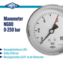 'Pressure Gauge 0 New Genuine Rear High Pressure 250bar, G1/4 NG80 Diameter 80 mm