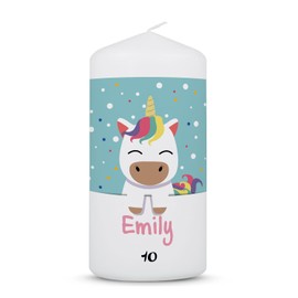 GRAVURZEILE Bedruckte Kleine Kerze - Cartoon Einhorn Geburtstagskerze - Personalisiert mit Name & Alter - brilliant bedruckte Kerze zum Geburtstag - Geschenk für Mädchen & Jungen