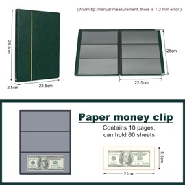 TsunNee Paper Money Collecting Album 60 Pockets, Leather Cover Currency Collection Holder Book, Double Sided Paper Money Storage Album, Bill Memorial Money Penny Holder for Collectors