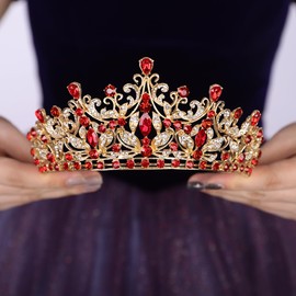 Teyglen Red Crystal Wedding Tiara for Women Royal Princess Rhinestone Queen Crown Headband for Brithday Pegeant Party Prom Bridal Crown Tiara Hair Jewelry (Red)