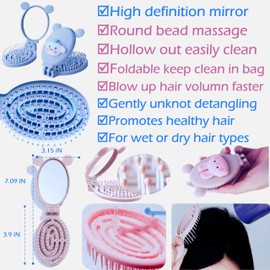 Folding Travel Mirror Hair Brushes -Hair Comb Compact Travel Size Massage Comb for Women and Girls (Blue)