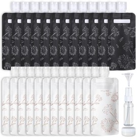 PACKISM Travel Pouches set for Toiletries - TSA Approved Leak Proof Travel Squeeze Pouches, Stand Up Liquid Containers for Shampoo Conditioner Lotion - Color: Chamomile Black+Chamomile Beige - 27 Pack