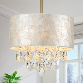 LumFurn 3-Lights Drum Capiz Shell Crystal Chandelier, Coastal Style Pendant Light Fixture for Dining Room, Living Room, D12 x H19~49"(Adjustable), Shell Lampshade & Gold Finish