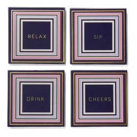 Trina Turk Glass Drink Coasters, Set of 4 Absorbent Beverage Coasters with Elevated Rim & Fun Phrases, Use for Tabletop Protection, Pillar Candle Holder or Small Planter Plate, 4x4” Square