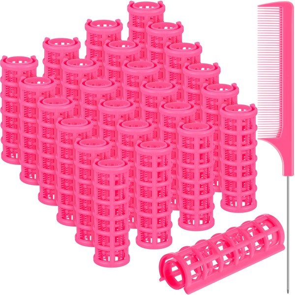 24 rodillos de pelo a presión, de plástico de tamaño pequeño, con peine de acero para pelo corto y largo (0.59 x 2.28 pulgadas, rosa)
