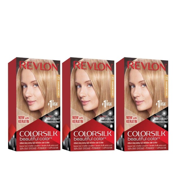 Revlon Colorsilk Beautiful Color, Permanent Hair Dye with Keratin, 100% Gray Coverage, Ammonia Free, 73 Champagne Blonde (Pack of 3)