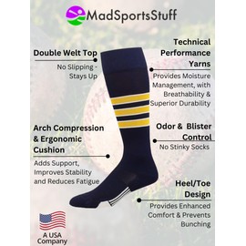 MadSportsStuff Dugout 3 Stripe Baseball Socks (Navy/Gold/White, Medium)