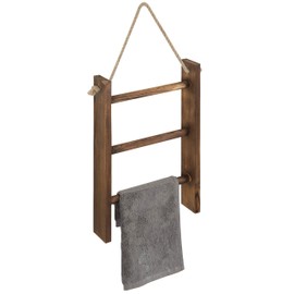 MyGift Rustic Dark Brown Wood Wall Hanging 3 Tier Hand Towel Ladder Rack, Bathroom Towel Storage Rack with Top Rope