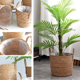 Woven Straw Flower Pot, Sea-grass Planter Basket, Wicker Rattan Vase Sundries Organizers Storage Bins, Hand Woven Basket Planter With Plastics Liners And Handle For Indoor Outdoor Plant (A, L) (Large)