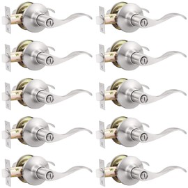 GOBEKOR 10 Pack Privacy Door Levers Bedroom Door Handle with Lock Satin Nickel Interior Door Handles Keyless Door Lock Wave Bed/Bath Lever