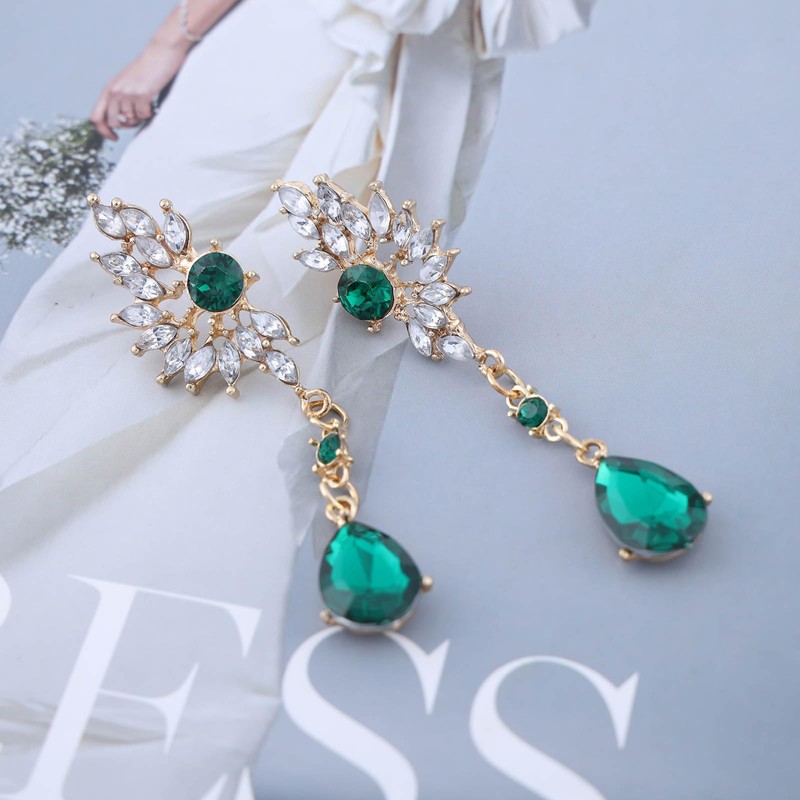 Zeshimb Teardrop Crystal Dangle Earring Rhinestone Chandelier Teardrop Earings Emerald