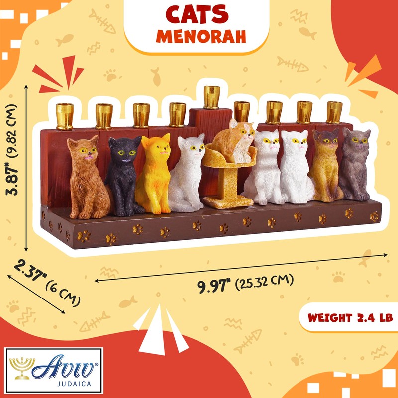 Aviv Judaica Hanukka Cat Menorah - 3D Sculptured Cats and