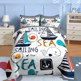 Nesker 7 Pcs Comforter Set Queen Size, Cute Nautical Sailboat Boat Bedding for Kids Teen, Sea Whale with Fitted Sheet 2 Pillowcases & 2 Shams for Bedroom Bed Decor