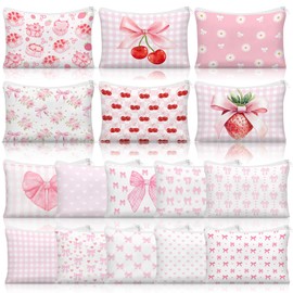 Kacctyen 16 Pack Coquette Makeup Bag Pink Bow Cherry Cosmetic Bag for Women Girly Wedding Aesthetic Pouch Lovely Heart Strawberry Preppy Pouch Zipper Gift for Coquette Birthday Party Favor Supplies