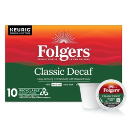 Folgers Classic Decaf Coffee, Keurig K-Cup Pods, 10 Count Box