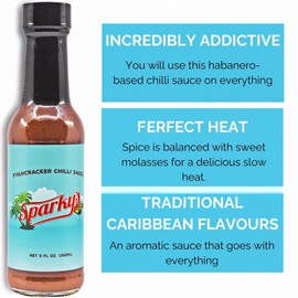 Sparky’s Fyahcracker Chilli Sauce - Habanero Chilli Sauce with Caribbean Spices - Hot and Spicy Versatile Hot Sauce Brings Any Dish to Life - Perfect for Chicken, Meat, Burgers, Bloody Marys, Soup & Mushrooms - Gluten Free 150 ML