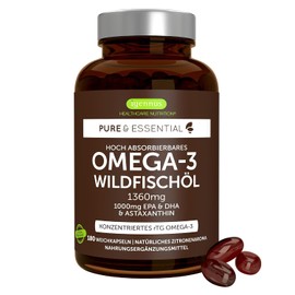 Igennus High-Quality Omega-3 Wild Fish Oil 1360 mg & Astaxanthin | Triglyceridform rTG, 1000mg EPA- und DHA-Fettsäuren, ultra rein; frei von Umweltgiften, Zitronengeschmack, 180 Weichkapseln