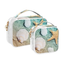 DUOBU 2Pcs Clear Toiletry Bag Set with Zipper Starfish and Seashell on Beach Cosmetic Bag for Travel Makeup Organizer Women Men, 1