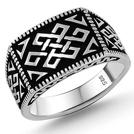 Solid 925 Sterling Silver Special Anatolian Motif Luxury Turkish Men's Ring, Metal, Agate