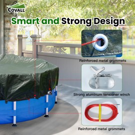 13 ft Round Heavy Duty Winter Pool Cover for 10 ft Above Ground Pools - 5-Year Warranty, UV Resistant & Anti-Tear, Black/Olive Green, Winch & Cable Included by COVALL