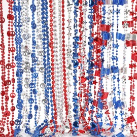 NOVWANG 24 Pcs 4th of July Bead Necklace 4 Classic Styles Metallic Red White and Blue Beads Necklace for Independence Day（3 Color）