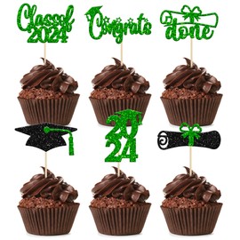 Paquete de 24 adornos para cupcakes de clase 2024 con purpurina, 2024, con tapa de grado, diploma hecho para magdalenas, 2024, decoración de pasteles, decoración de pasteles, color verde