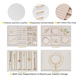 Vlando 4-Drawer Jewelry Box with Glass Lid, Faux Leather Organizer for Rings, Earrings, Necklaces and More, Gift-Ready Jewelry Case for Women Girls or Moms, White