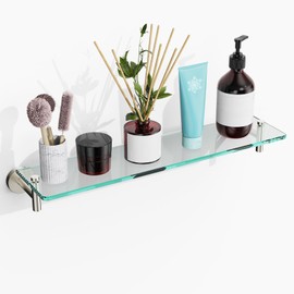 KOCOK Glass Shelves for Bathroom,16-Inch Brushed Nickel Floating Bathroom Shelf Stainless Steel Tempered Glass Shelf Modern Shelves Wall Mounted