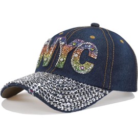 TSSGBL NYC Bling Rhinestone Fashion Cute New York Baseball Hat Men Women Adjustable Unstructured Denim Navy Blue Trendy Ball Cap