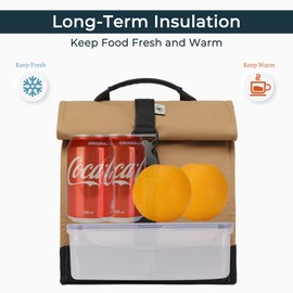 SUNNY BIRD Insulated Lunch Bag Rolltop Lunch Box Tote Bag for Women, Men, Adults and Teens (Brown)