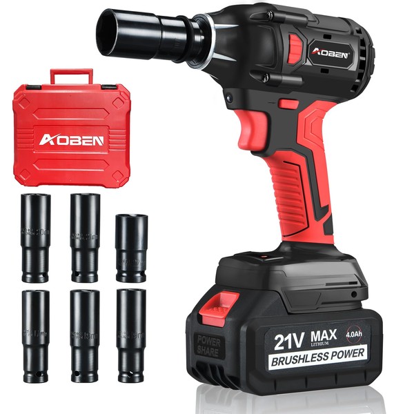 AOBEN 21V Cordless Impact Wrench Powerful Brushless Motor with 1/2" Square Driver, Max 300 Torque ft-lbs (400N.m), 4.0A Li-ion Battery, 6Pcs Driver Impact Sockets,Fast Charger and Tool Bag