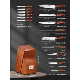 Knife Set with Block, 16 Pcs Stainless Steel Kitchen Knife Set with Sharpener & Wooden Block, Knife Block Set with Wood Handle, Chef, Santoku, Bread, Utility, Paring & Carving Fork Knife, Brown