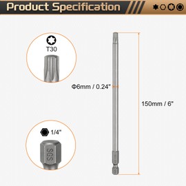 sourcing map T30 Torx Head Screwdriver Bit 1/4" Hex Shank 6" (150mm) Long Magnetic No Hole Tip Tamper Proof 6 Point Star Screw Driver Drill Bits S2 Steel Industrial Power Screwdrivers