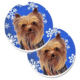 Caroline's Treasures SC9365CARC Yorkie Winter Snowflakes Holiday Set of 2 Cup Holder Car Coasters Absorbent Sandstone Coasters for Car Cup Holders Gifts for Men or Women, Large, Multicolor