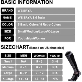 WEIERYA Ski Socks 2 Pairs Pack, CHOOSE YOUR SIZE & COLOR! - Black, M
