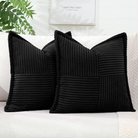 Artscope Corduroy Cushion Covers Pack of 2 Modern Patchwork Throw Pillow Covers Soft Pillowcase Broadside Decorative Textured Cushions for Home decor Sofa Bedroom Couch Black 55x55cm