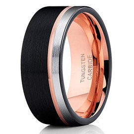 Rose Gold Tungsten Wedding Band Anniversary Ring Men & Women 8mm Black Tungsten Ring 18k Rose Gold Comfort Fit (9)
