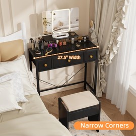 HIGDBFE Small Makeup Vanity Desk 27.5''W with Mirror and Lights, Vanity Desk with 3 Fabric Drawers and Height-Adjustable Stand, Vanity Table for Girls Gifts, Bedroom and Small Spaces, Black