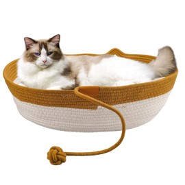 Pet Beds for Cats, Cat Beds for Indoor Cats 21.65" x 15.75" x 6.69",Cotton Rope Oval Cat Bed for All Seasons (with Cooler Straw Mat and Cotton Mat Both), Suitable for cats＆dogs (Brown, Medium)