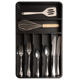 KitchenEdge Silverware Organizer - Cutlery, Flatware, and Utensil Holder for Kitchen Drawers, Fixed 10.5” Width, 7 Storage Compartments, Non-Slip Feet, Rounded Corners, 100% Bamboo, Black Finish