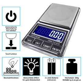 DIPSE USB 200 - Digitale Feinwaage/Taschenwaage mit USB-Anschluss ohne Abschaltautomatik die in 0,01g Schritten präzise bis 200g wiegt