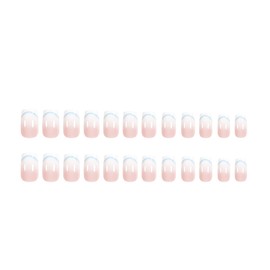 Gradient Blue French Tip Press on Nails Medium Square Fake Nails Ombre Nails Press on White French Line Artificial Nails Pink Acrylic Nails Glue on Nails Glossy False Nails for Women and Girls 24Pcs