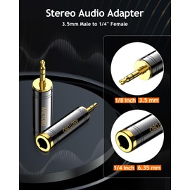 ANDTOBO 1/4'' to 3.5 mm Stereo Pure Copper Headphone Adapter, 3.5 mm(1/8'') Plug Male to 6.35 mm (1/4'') Jack Female Stereo Adapter for Headphone, Amp Adapter, Black 2-Pack