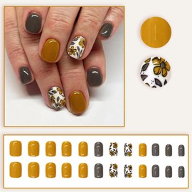 Square Press on Nails Short Fake Nails with Flower Leaves Designs Glossy Grey Thanksgiving False Nails Yellow Fall Glue on Nails Solid Color Artificial Stick on Nails for Women Girls Manicure 24Pcs